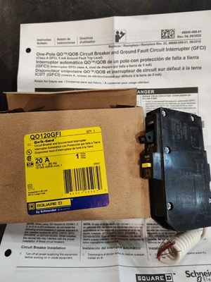 SCHNEIDER ELECTRIC Square D QO120GFI 20 Amp 1 Pole 120VAC Plug In Ground Fault GFIC Circuit Breaker