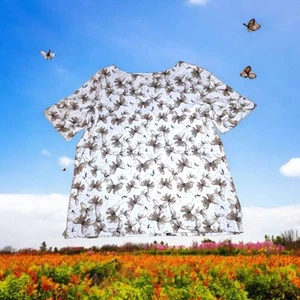 HASTING & SMITH Taupe BUTTERFLY All Over Print Short Sleeve Top Women's Large - Picture 1 of 7