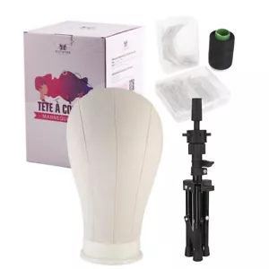 21'' Canvas Wig Head + Stand Tripod Manikin Head Block Display Bristle Brush Set - Picture 1 of 12