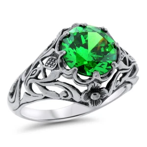 925 STERLINGSILBER SCHOTTISCHE DISTEL VINTAGE STIL SMARAGD CZ RING #1198 - Bild 1 von 4