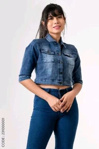 Women’s Small Cropped Blue Jacket Button Down Denim Jacket Wash Solid Sleeve New - Picture 1 of 3