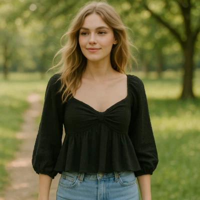 American Eagle Babydoll Top Shirt Large Black Eyelet Embroidered Twist Knot - Image 1 of 4