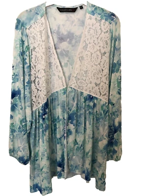 Túnica Colleen Lopez para mujer azul floral marfil encaje frente abierto 1X Foto 1 de 4