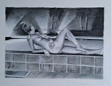 Original 11x14 Inch Charcoal Portrait Of Nude Woman By Swimming Pool Done By...