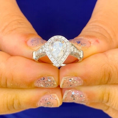 14K WHITE GOLD PEAR SHAPE DIAMOND BEZEL SET ENGAGEMENT RING ART DECO HALO 2.05CT - Image 1 of 4