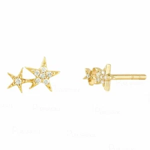 14K Gold 0.15 Ct. Diamond Two Star Design Stud Earring Celestial Jewelry - Picture 1 of 1