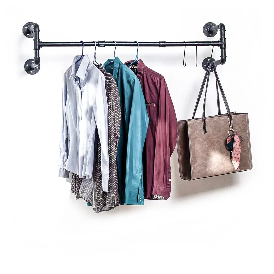 Industrial Pipe Clothing Rack Wall-Mounted Clothes Garment Organizer Rod Hanger - Image 1 of 4