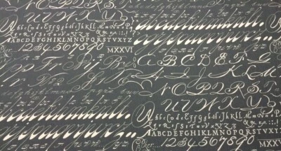 LACEFIELD DESIGNS CHALKBOARD SLATE GRAY SCRIPT COTTON DUCK FABRIC BY YARD 55"W - Image 1 of 4