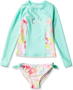 Calvin Klein Girl's M 8-10 Long Sleeve 2 Pc Rash Guard Tankini Swimsuit Tie Dye - Picture 1 of 3