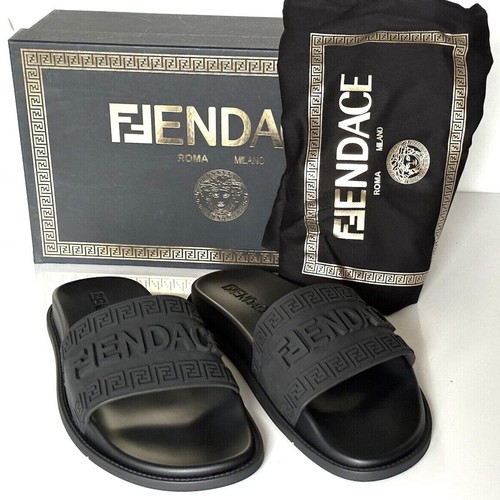 VERSACE x FENDI FENDACE da uomo originale slip on slip on slide da piscina nero EU 41 US 8 9 NUOVO CON SCATOLA!