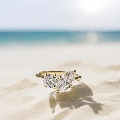 14K Yellow Gold Diamond Wedding Toi Et Moi Ring Round Cut IGI 2.00 Ct Lab Grown - Image 1 of 4