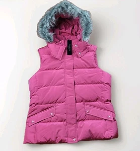 Talbots Puffer Vest Pink Duck Down Removable Faux Fur Hood  Petite Womens Size M - Picture 1 of 13