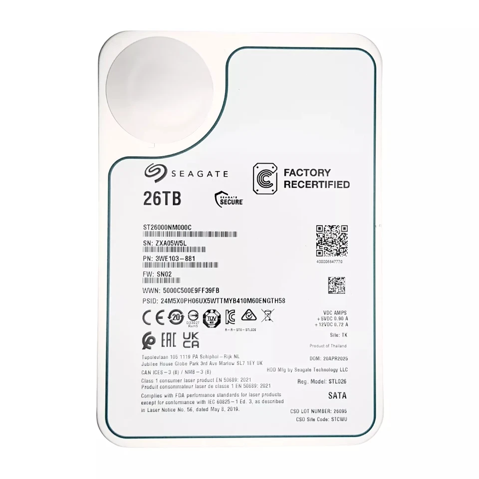 Seagate ST26000NM000C 26TB EXOS LFF 3.5in SATA-3 6G 7.2K 512MB HDD Under 10Hours - Image 1 of 3