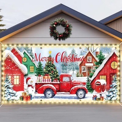 7x16ft Christmas Garage Door Banner with LED String Lights Red Truck Garage D... - Image 1 of 4