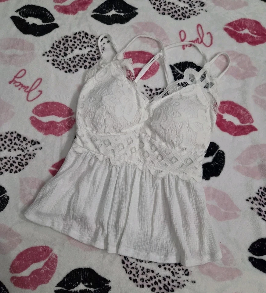 White coquette babydoll cami top lace with crisscross back look - Image 1 of 4
