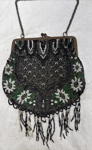 Antike Handtasche Perlen Kettenriemen Leder innen hübsch! - Bild 1 von 8