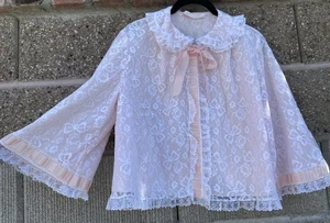Vintage ODETTE BARSA Pink W/white Lace Overlay 1960s Bed Jacket - Picture 1 of 8