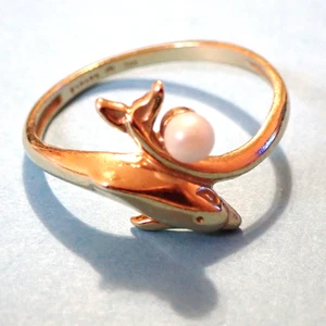 Anillo de marsopa delfín KABANA vintage talla 6 con perla pequeña 14KYG 1,8 g - Imagen 1 de 8
