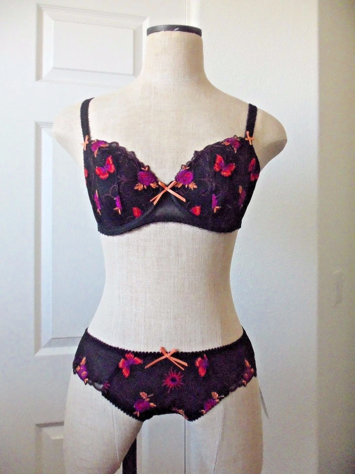 Sujetador Freya MIMI Negro Estampado Mariposa 2711 UW Acolchado 38D y 2781 Brief XL Foto 1 de 4