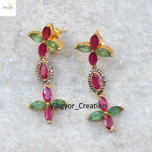 Pave Diamond Ruby Emerald Dangle Earrings Gold Plated 925 Sterling Silver Gift - Picture 1 of 5