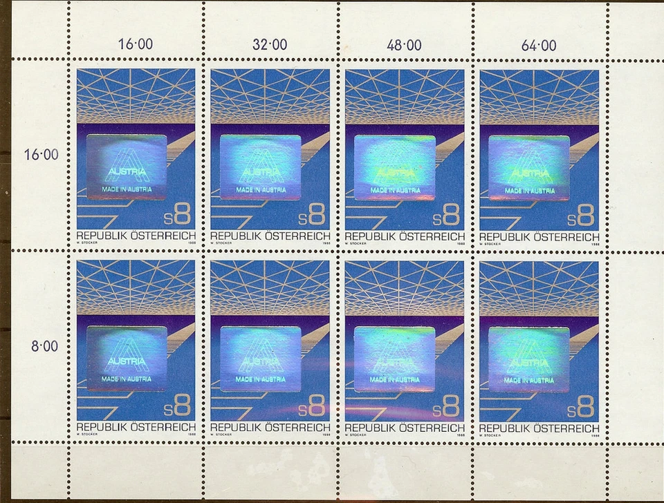 ÖSTERREICH 1988 MINIBOGEN MIT 8 EXEMPLAREN ** EXPORT HOLOGRAMM (496)