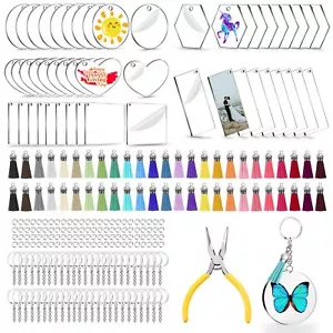 251PCS Blank Keychains 5 Shapes Clear Acrylic Tassels Key Rings DIY Crafting - Picture 1 of 6