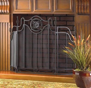 Black Iron Scroll Italian Style 3 Panel Hearth Mesh Fire Triple Fireplace Screen - Picture 1 of 3