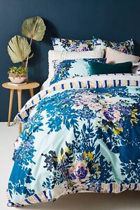 Anthropologie Jeweled Garden Queen Duvet + Two Standard Shams Floral Blue