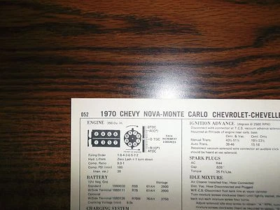 1970 Chevrolet EIGHT Series Monte Carlo Nova Chevelle 350 V8 2BBL Tune Up Chart - Image 1 of 4