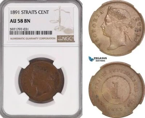 A5/991 Straits Settlements, Victoria, 1 Cent 1891, London Mint, KM# 16, NGC AU58 - Picture 1 of 1