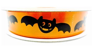 Halloween Bat Ribbon,Orange,Black Bats,polyester,5/8"x 3 yards - Picture 1 of 2