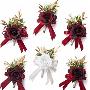6 Pcs Burgundy & White Boutonniere for Men Wedding Groom and Groomsmen Bouton... - Picture 1 of 6