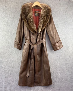 24K Leather by Dan Di Modes Vtg Trench Leather Coat Fur Women 14 Lined 70s - Picture 1 of 22