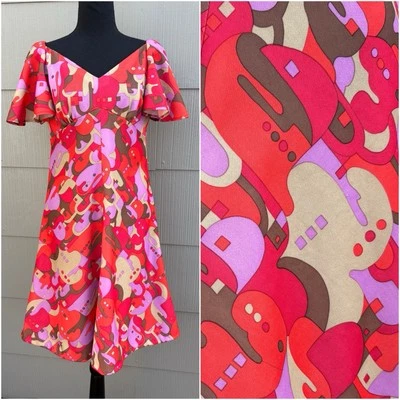 винтажный 60-х цветной геометрический принт волан рукав психоделический трапециевидный качели платье - Изображение 1 из 4