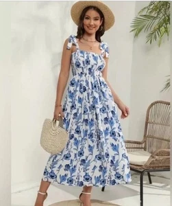 Vestido Floral Alto Hippie Maxi Volantes Calado Sin Mangas Cottage Coastal Talla 2 - Imagen 1 de 13