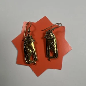Laurel Burch Cat Gold-tone Dangle Drop Hook Earrings Signed Vintage (TS) - Picture 1 of 8