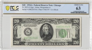 Fr.2055-G 1934A Chicago $20 Federal Reserve Note PCGS Choice Uncirculated 63 - Picture 1 of 2