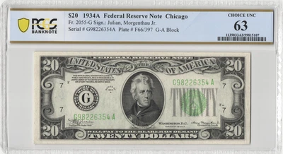 Fr.2055-G 1934A Chicago $20 Federal Reserve Note PCGS Choice Uncirculated 63 - Image 1 of 2