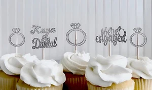 Engagement rings cupcake toppers glitter card wedding party mr & mrs pack of 15 - Picture 1 of 2