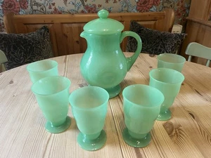 Vintage Hand Blown Jadeite Opine Glass Jug/Pitcher With Lid (rare) & 6 Glasses - Picture 1 of 18