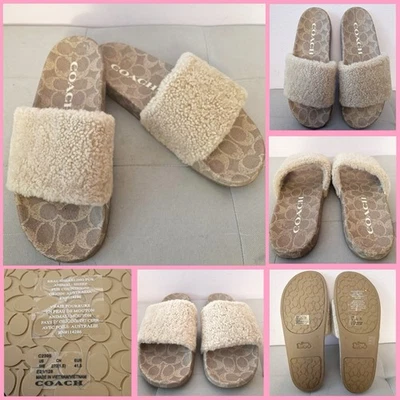 COACH ULLA Shearling Sheep Fur Signature Slides Size 11 US Women's - Image 1 of 4
