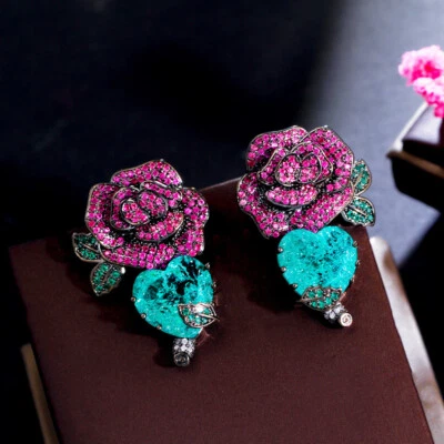 叶子花心形耳环黑色镀金 CZ 绿色玫瑰红色浪漫礼物 — 第 1/4 张图片