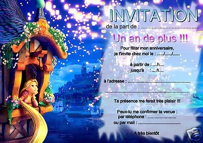 5 ou 12 cartes invitation anniversaire RAIPONCE REF 20 avec/sans envel
