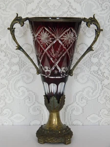 Fine Red Cut to Clear Bohemian Glass Vase with Bronze Handles & Base 12" High - Picture 1 of 11