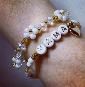Personalised gold and white beaded flower stack/ mama bracelet stack/ gifts for - Picture 1 of 2