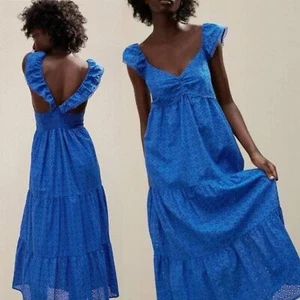 ZARA blue eyelet lace midi dress tiered ruffle strap cotton women small cottage - Picture 1 of 16
