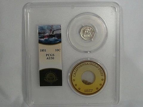 1851 Seated LIBERTY Dime SSCA Central America Shipwreck PCGS AU50 & GOLD Dust Cover