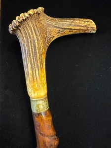 Antiguo bastón de cuerno de ciervo con eje de madera retorcido - Imagen 1 de 5
