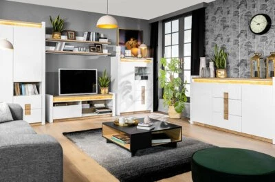 Современный, элегантный шкаф-витрина со светодиодной подсветкой и 2 ящиками, белый глянцевый - Изображение 1 из 4