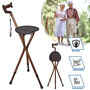 Folding Walking Stick Seat Adjustable Aluminium Cane Chair Stool Crutches 3 Legs - Picture 1 of 12